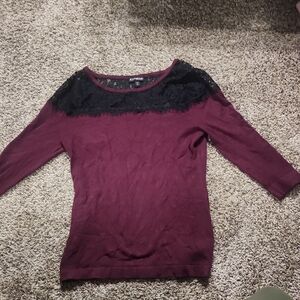 Express Maroon Top with Black Lace Overlay